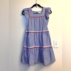J. Crew Blue and White Striped Ruffle Sleeve Tiered Dress with Red Trim